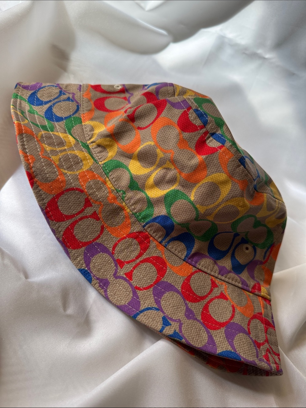 Coach Multicolor Signature 'C' Bucket Hat - Tan Base with Rainbow Logos